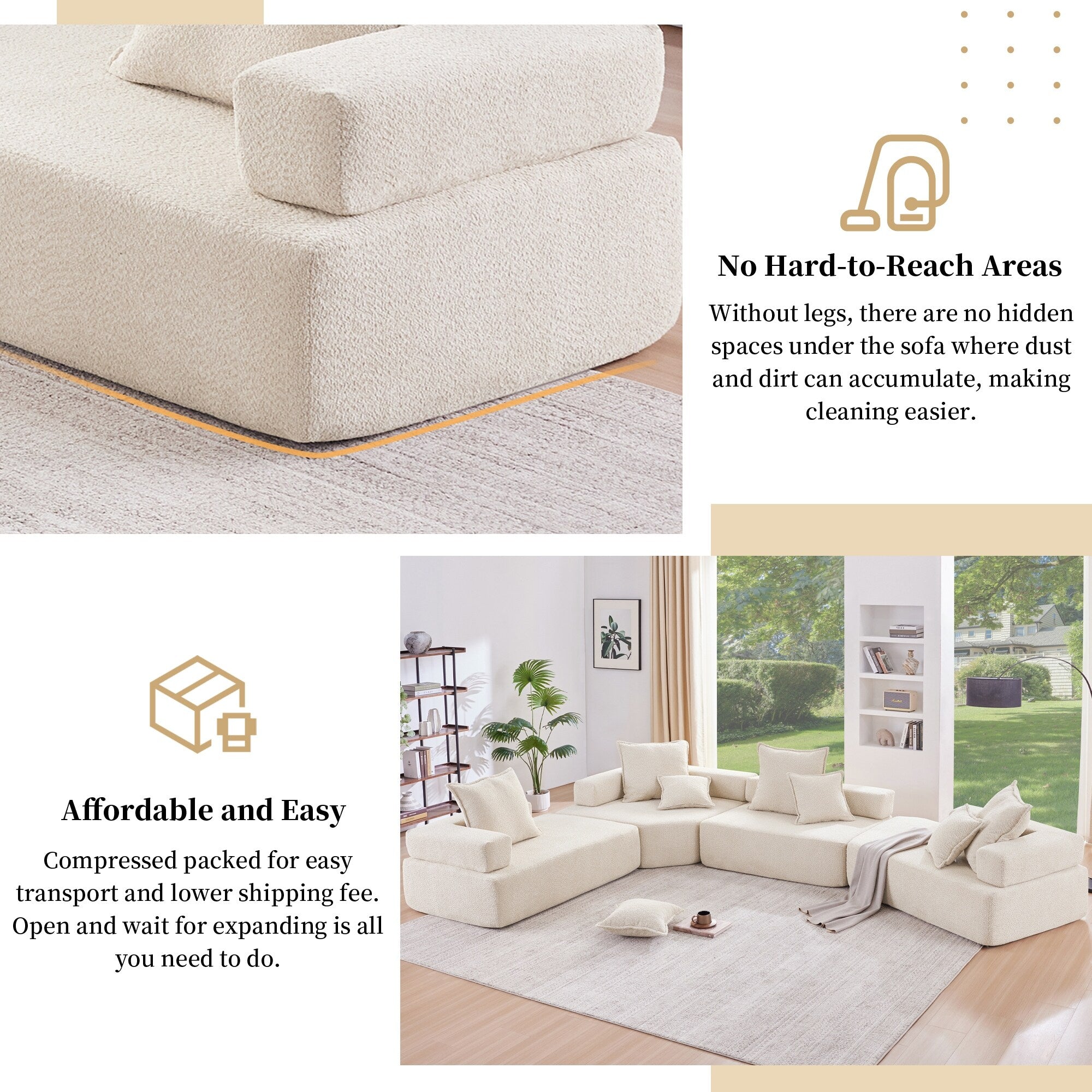 Modern Floor Couch Convertible Compressed Couch, Special-Shaped Frame for Oversized Modular U Shaped Sectional Sofa