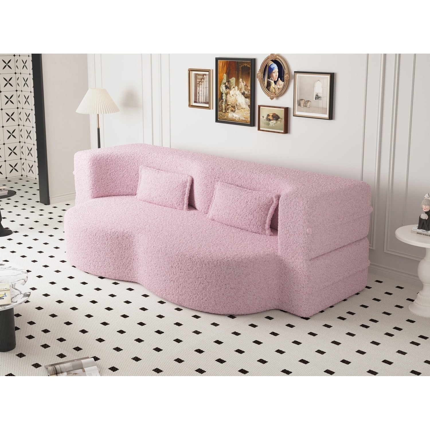 Modern Floor Sofa with 2 Pillows Foam-Filled Sleeper Sofa Bed