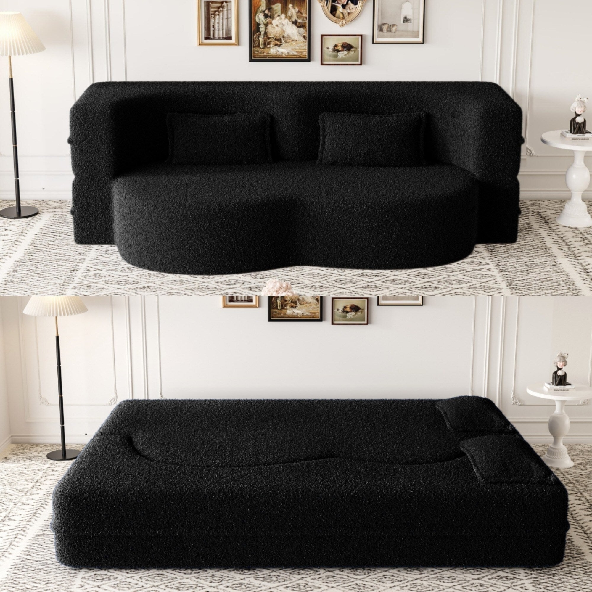 Modern Floor Sofa with 2 Pillows Foam-Filled Sleeper Sofa Bed