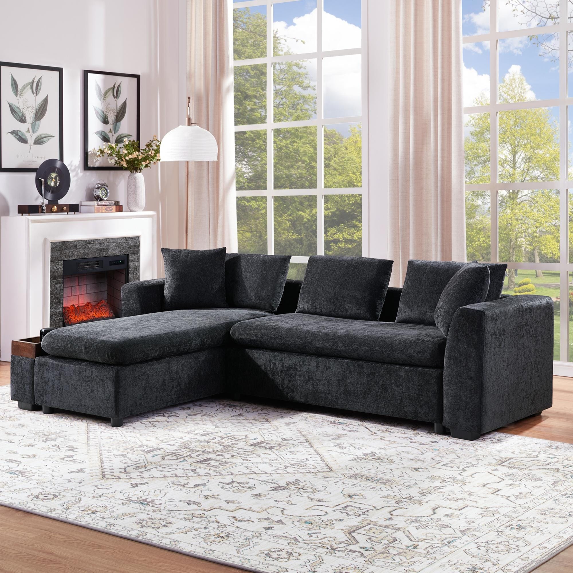 Modern L-Shaped Chenille Sectional Sofa with Wooden Storage Compartment and Matching Pillows for Living Room