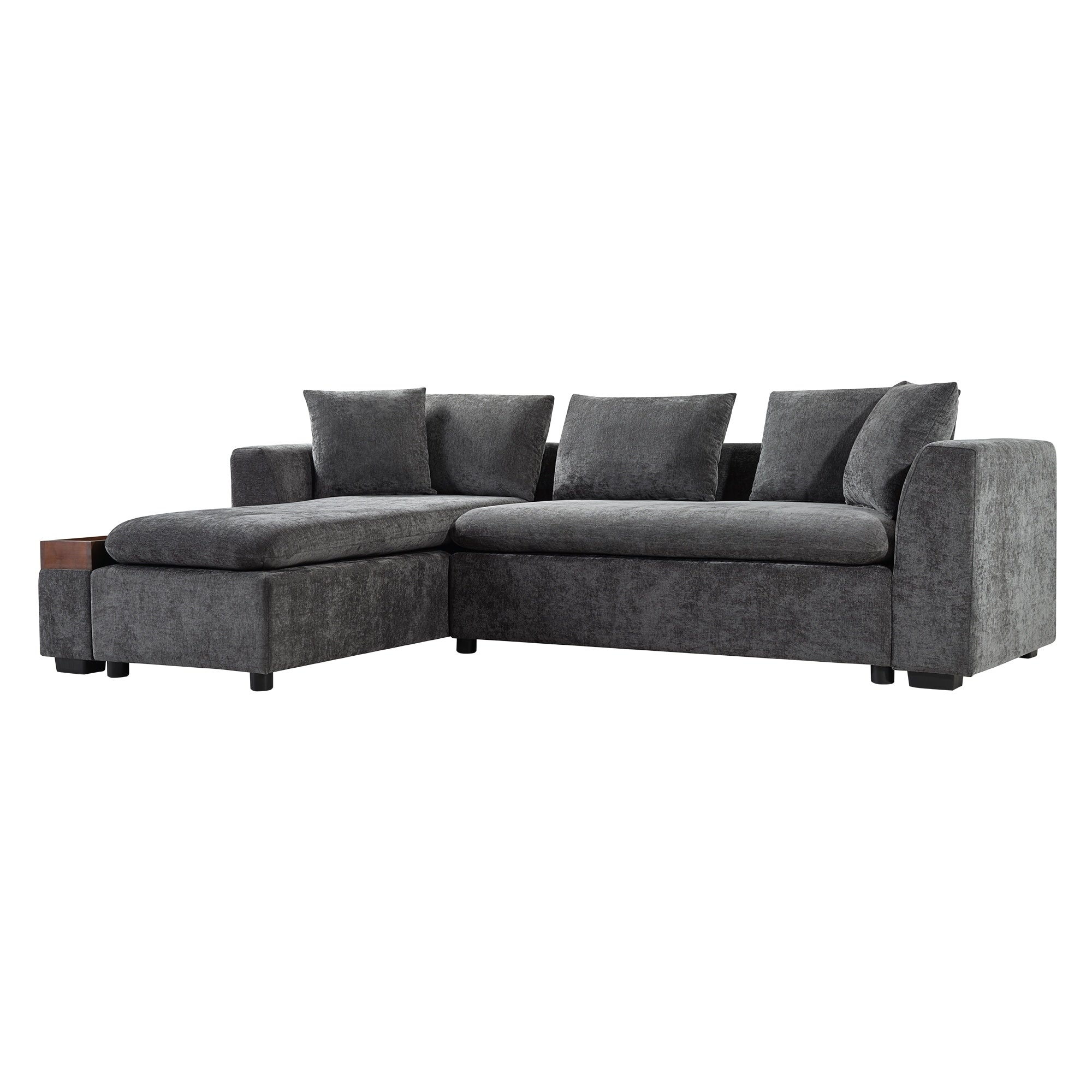 Modern L-Shaped Chenille Sectional Sofa with Wooden Storage Compartment and Matching Pillows for Living Room