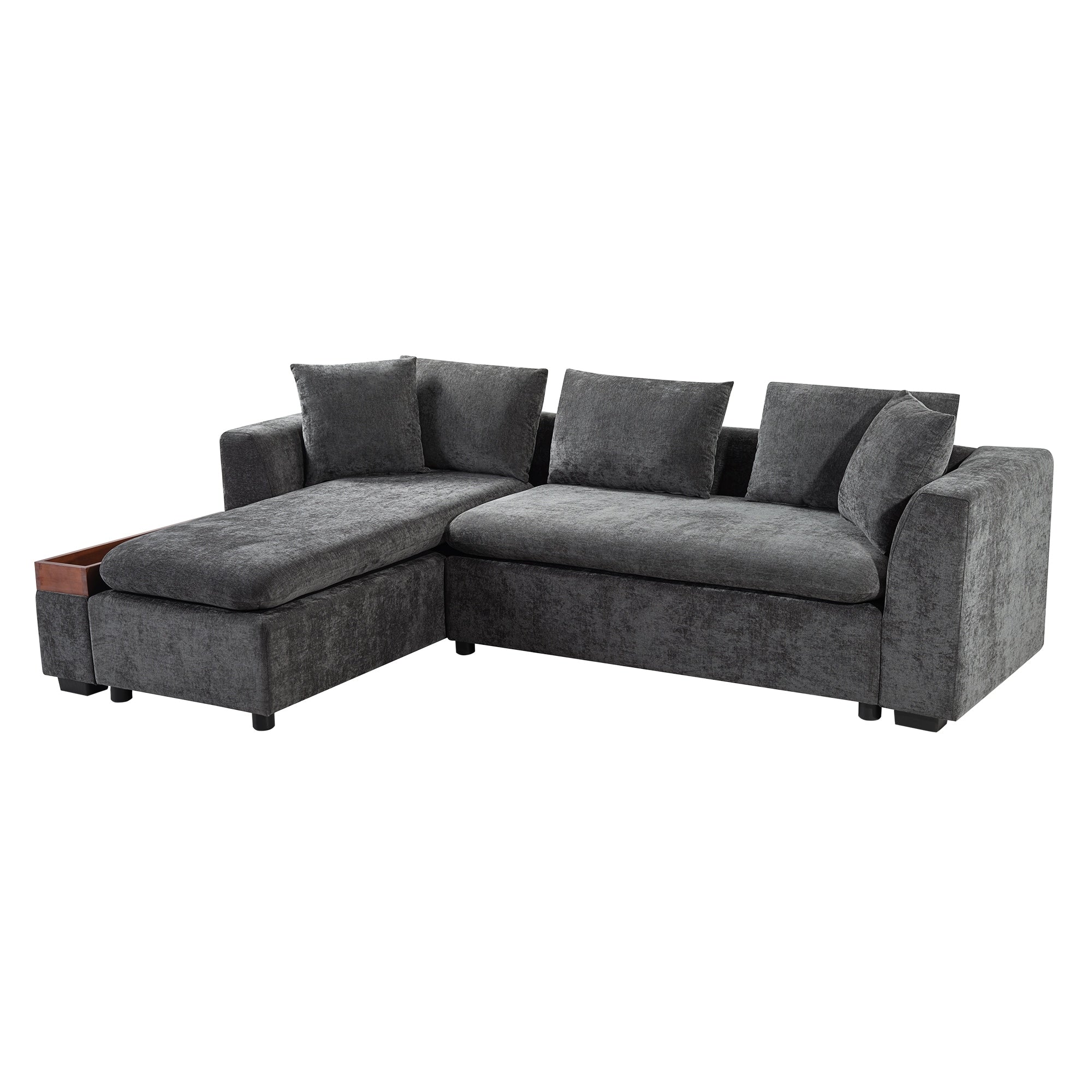 Modern L-Shaped Chenille Sectional Sofa with Wooden Storage Compartment and Matching Pillows for Living Room