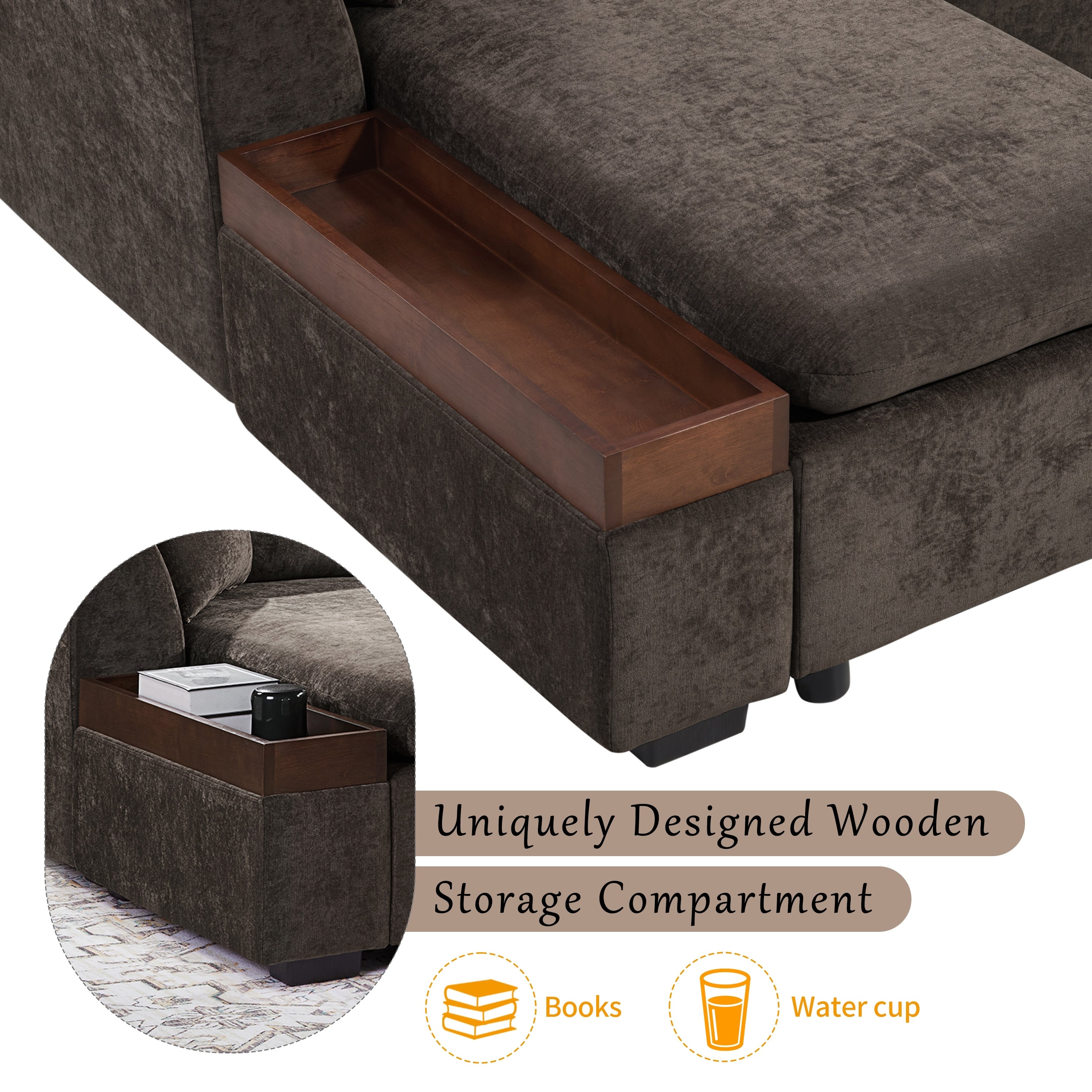 Modern L-Shaped Chenille Sectional Sofa with Wooden Storage Compartment and Matching Pillows for Living Room