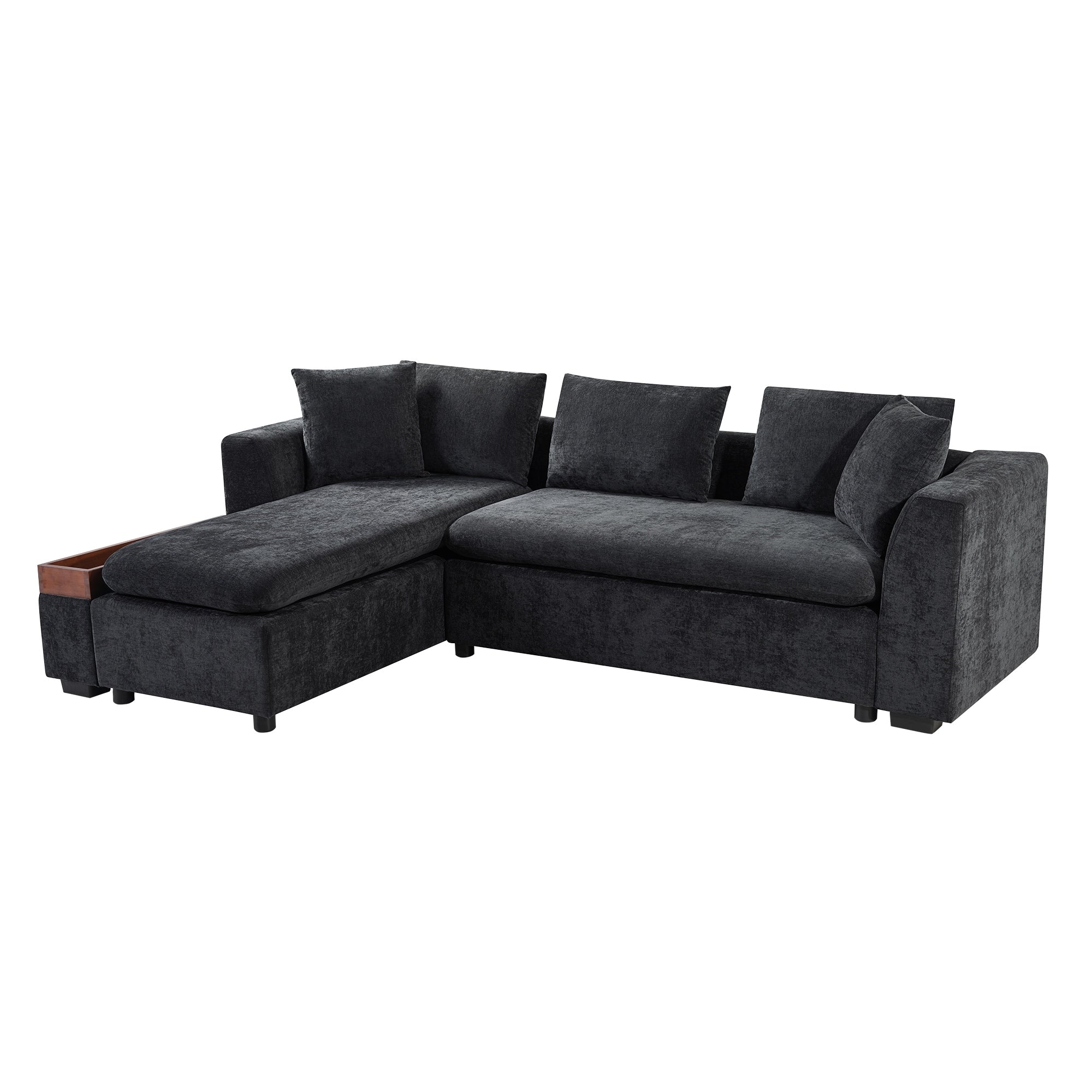 Modern L-Shaped Chenille Sectional Sofa with Wooden Storage Compartment and Matching Pillows for Living Room