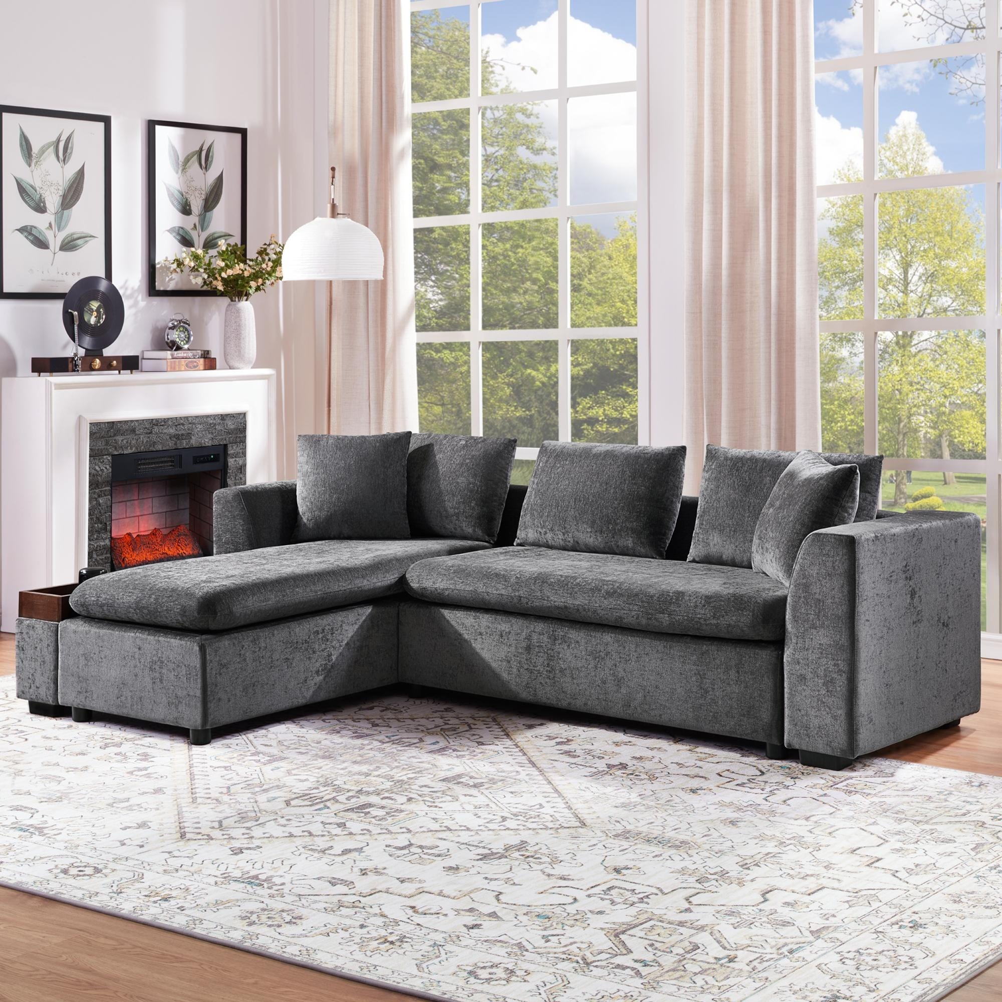 Modern L-Shaped Chenille Sectional Sofa with Wooden Storage Compartment and Matching Pillows for Living Room