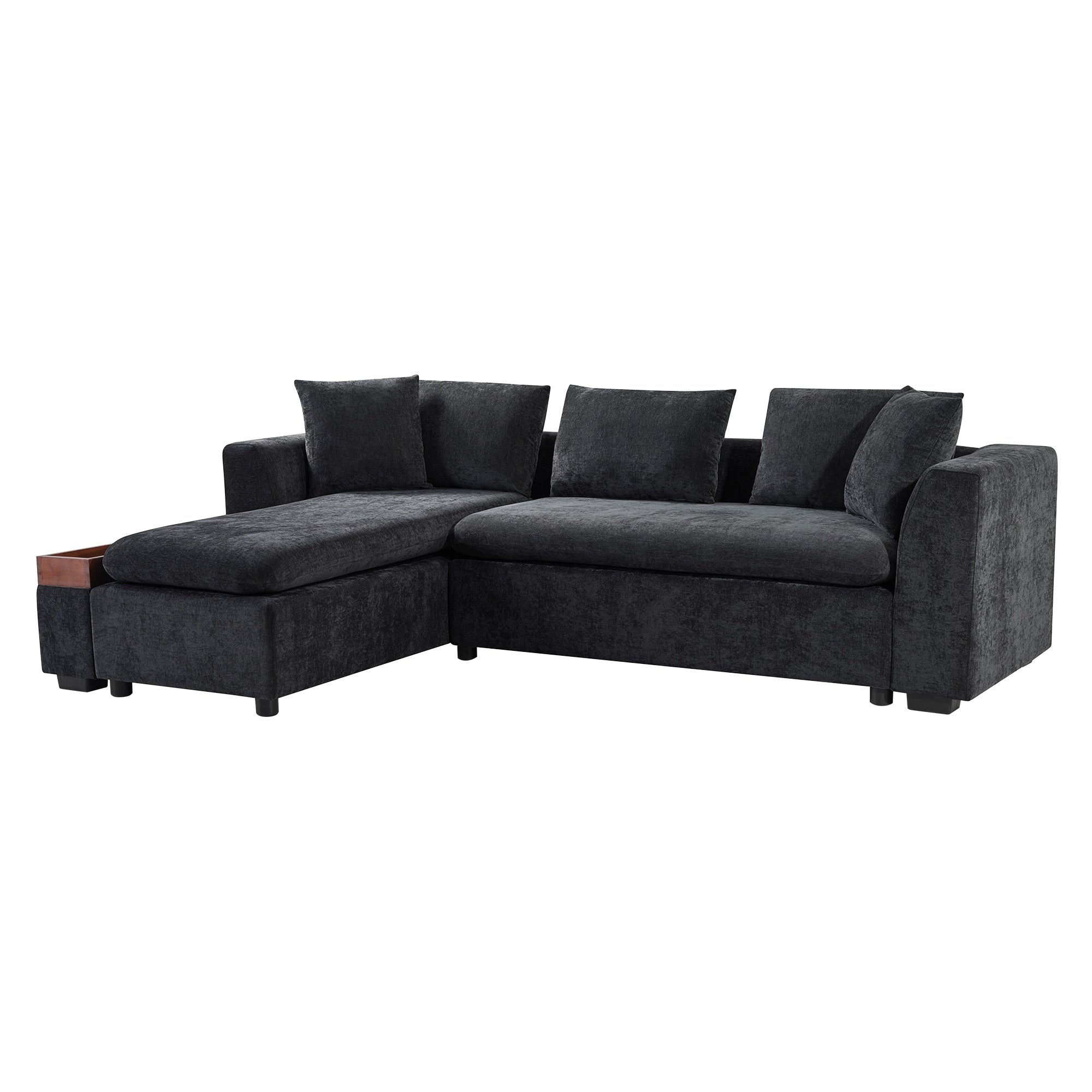 Modern L-Shaped Chenille Sectional Sofa with Wooden Storage Compartment and Matching Pillows for Living Room