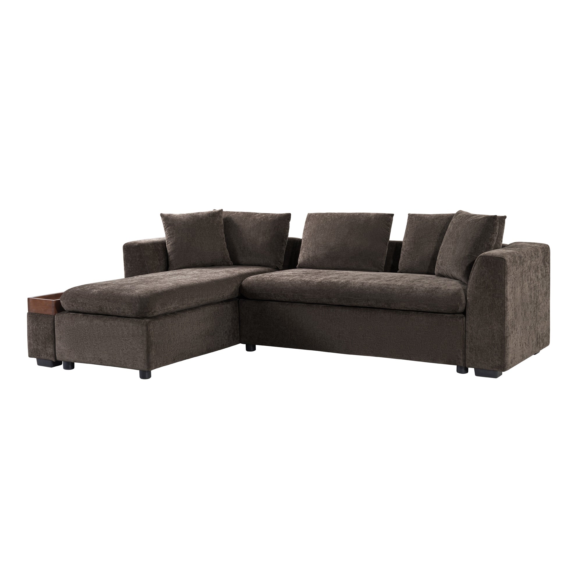 Modern L-Shaped Chenille Sectional Sofa with Wooden Storage Compartment and Matching Pillows for Living Room