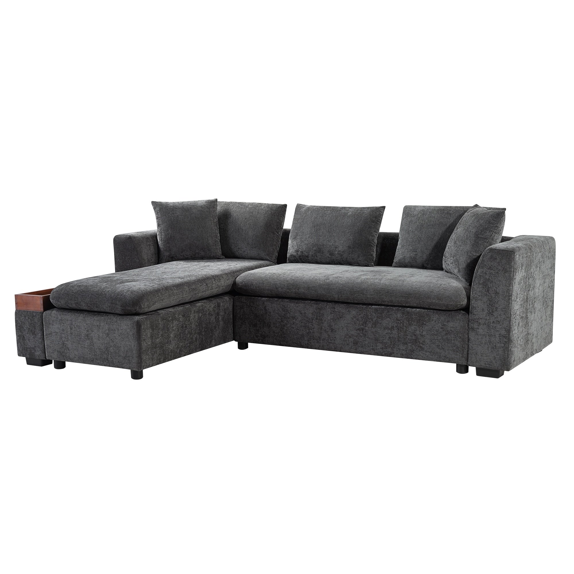 Modern L-Shaped Chenille Sectional Sofa with Wooden Storage Compartment and Matching Pillows for Living Room