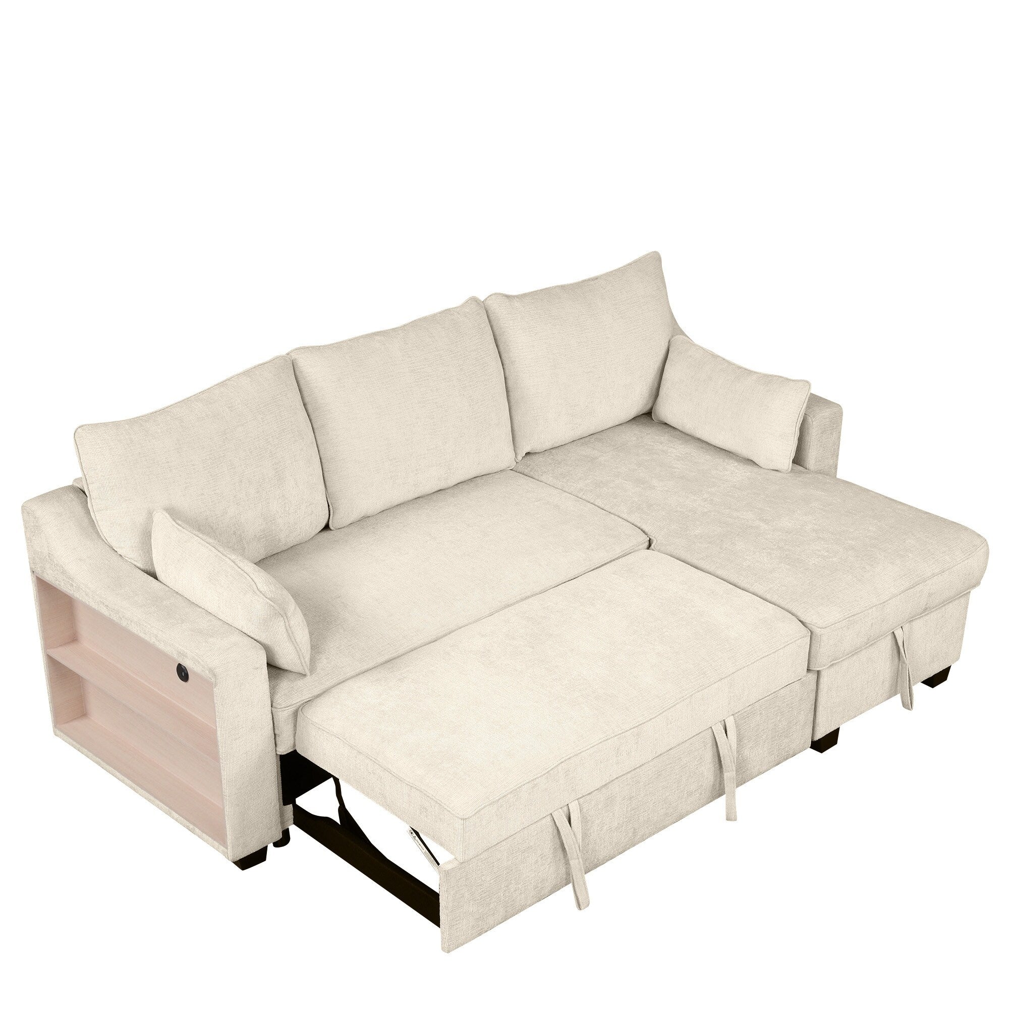 Modern L-Shaped Convertible Sofa Bed with Storage Chaise, USB Ports and Storage Racks for Living Room