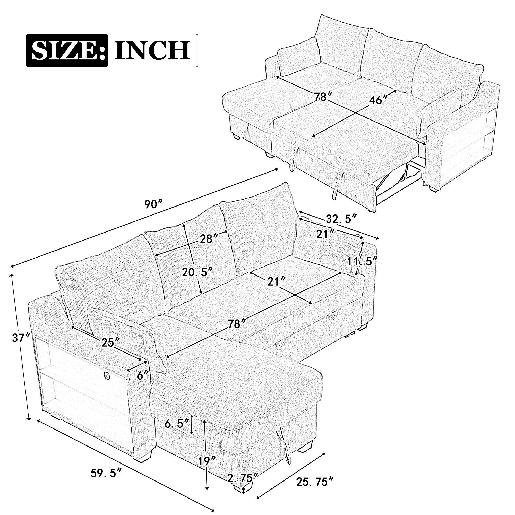 Modern L-Shaped Convertible Sofa Bed with Storage Chaise, USB Ports and Storage Racks for Living Room