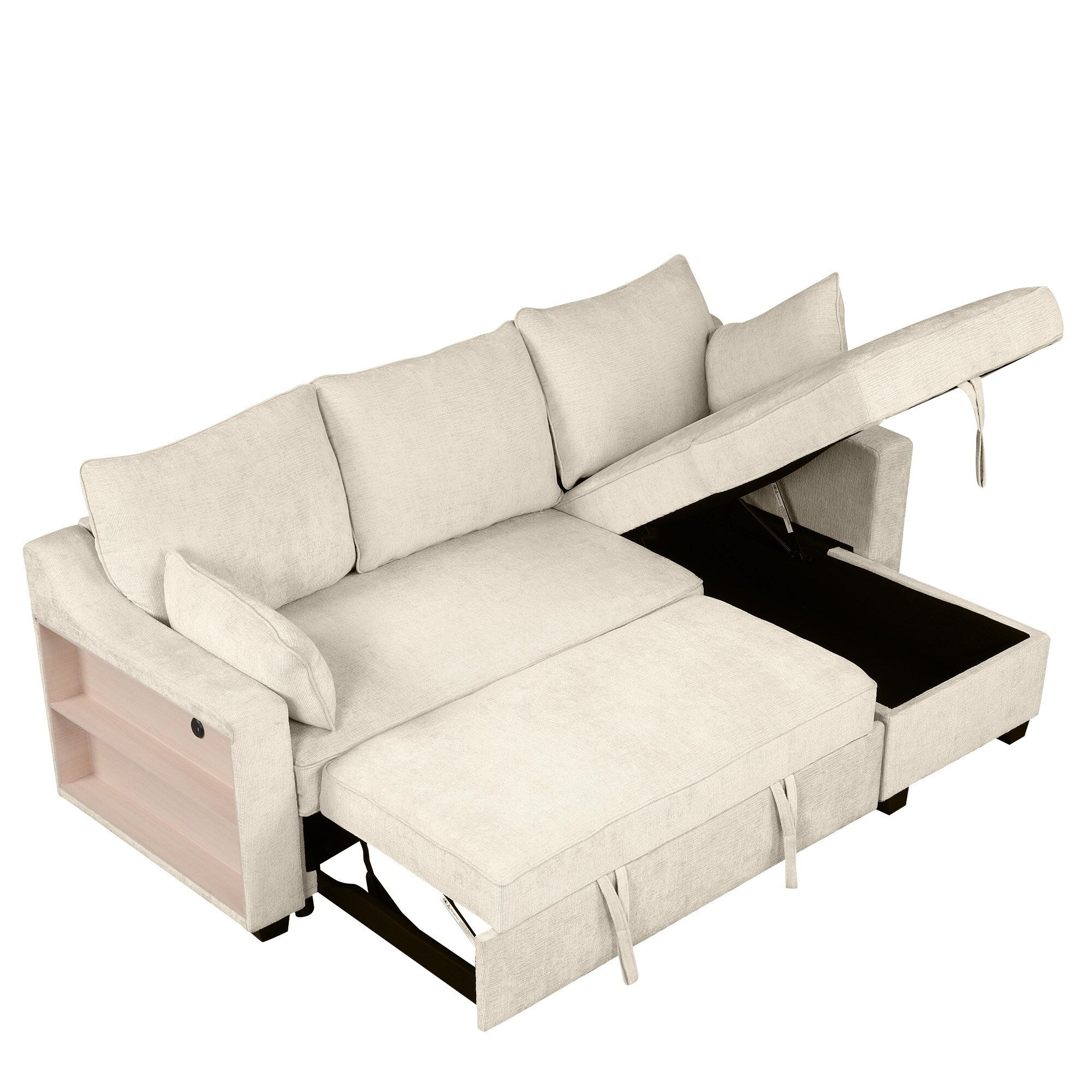 Modern L-Shaped Convertible Sofa Bed with Storage Chaise, USB Ports and Storage Racks for Living Room