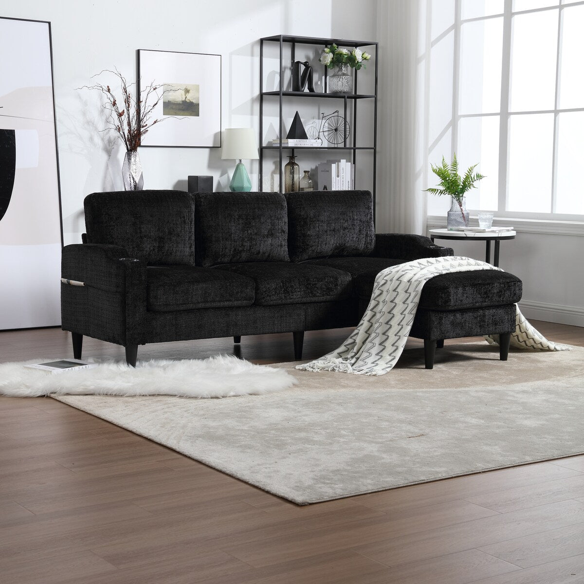 Modern L-Shaped Free-Combined Modular Sofa Couch With Storage Ottoman,Pillows,Cup Holders,Side Pockets, 3 Seat
