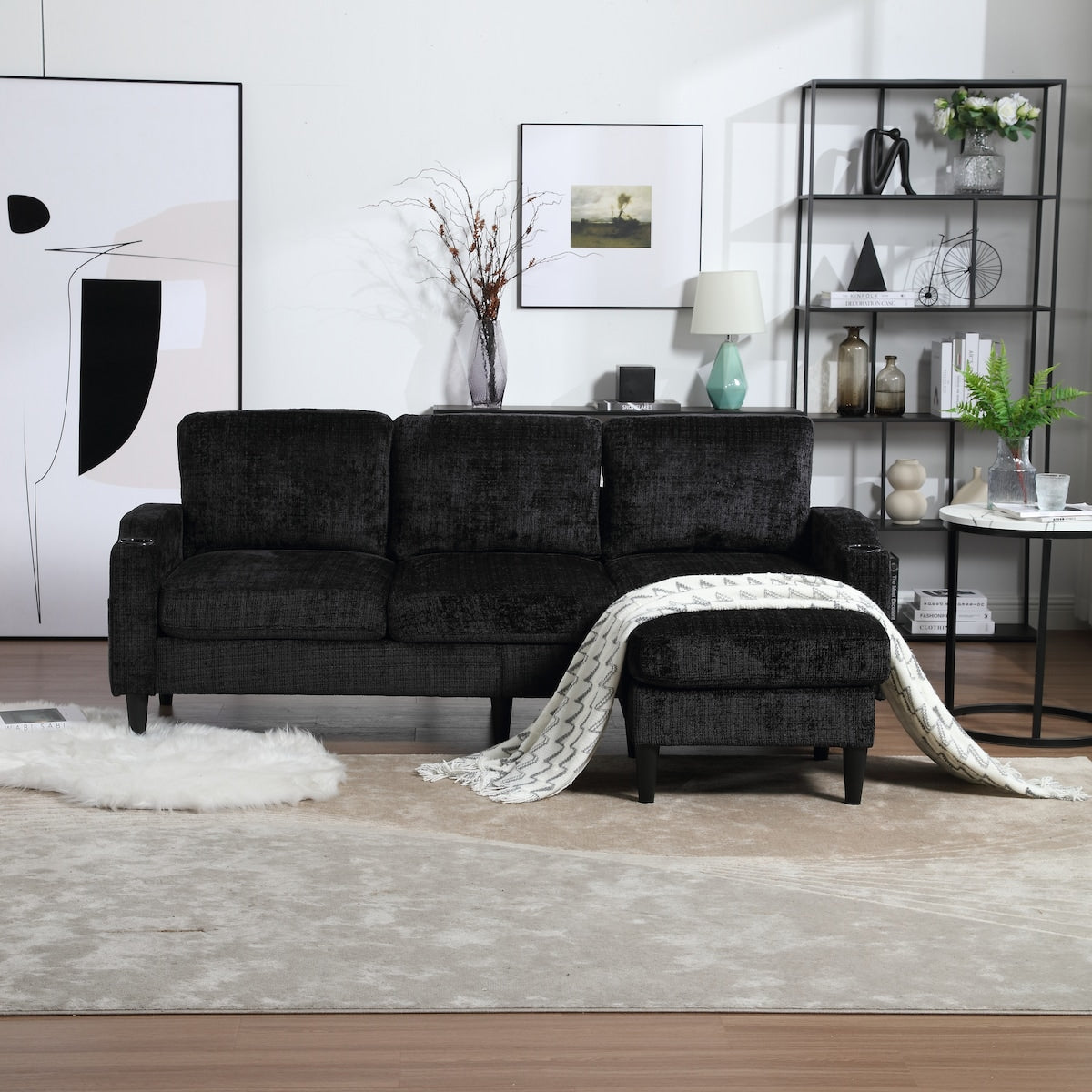 Modern L-Shaped Free-Combined Modular Sofa Couch With Storage Ottoman,Pillows,Cup Holders,Side Pockets, 3 Seat