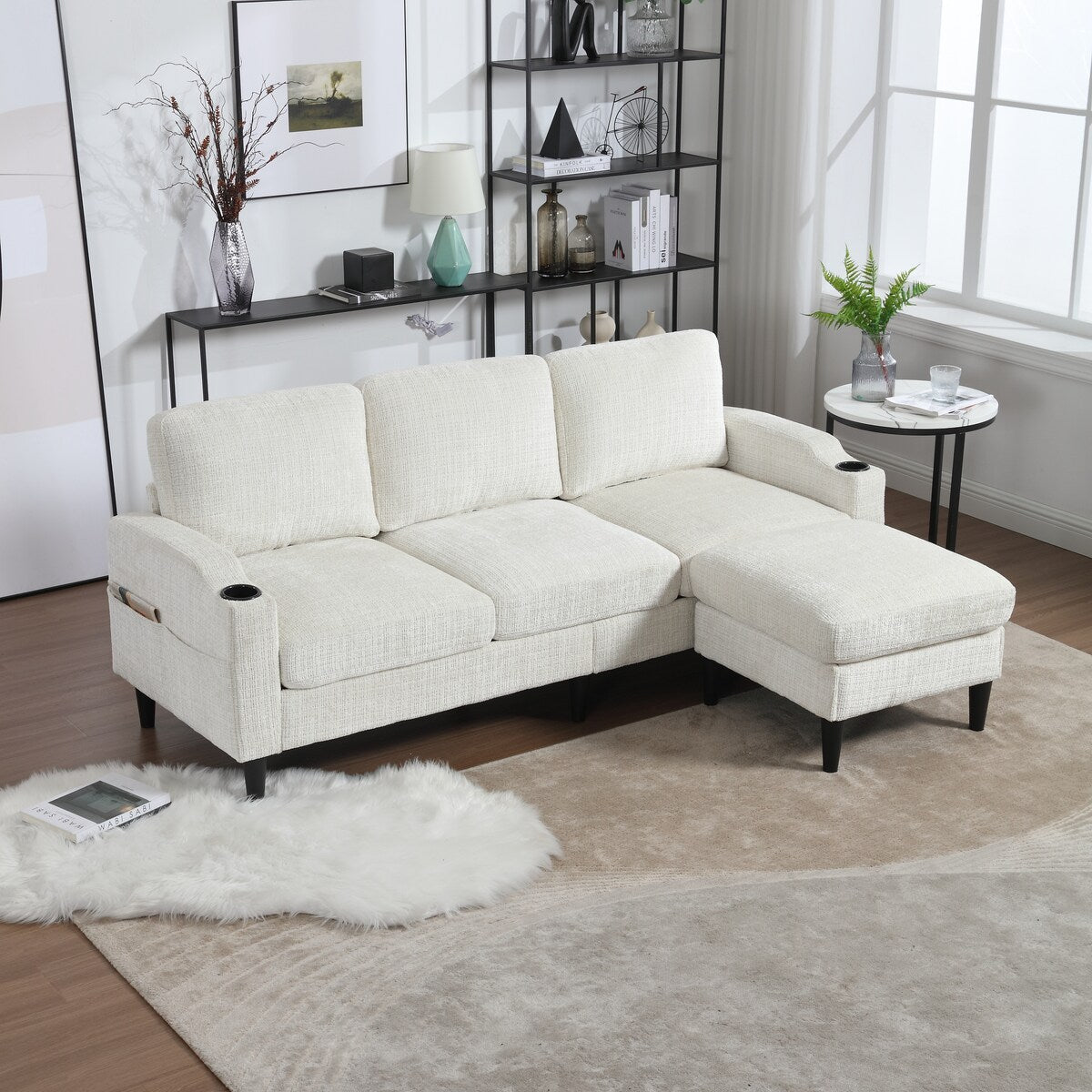Modern L-Shaped Free-Combined Modular Sofa Couch With Storage Ottoman,Pillows,Cup Holders,Side Pockets, 3 Seat