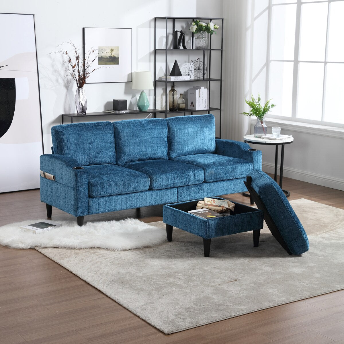Modern L-Shaped Free-Combined Modular Sofa Couch With Storage Ottoman,Pillows,Cup Holders,Side Pockets, 3 Seat