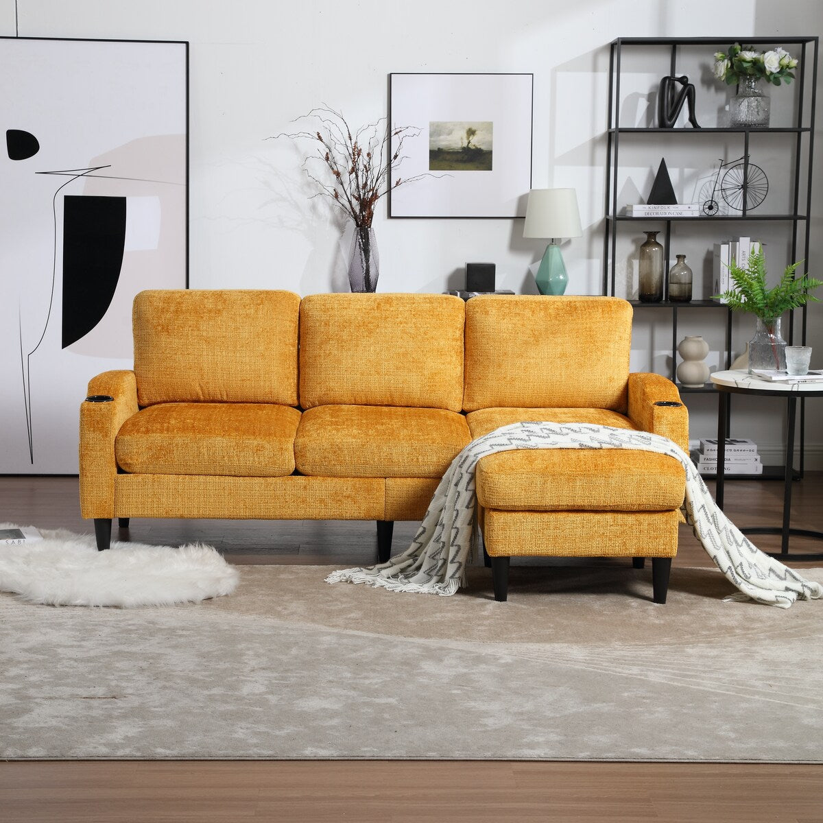 Modern L-Shaped Free-Combined Modular Sofa Couch With Storage Ottoman,Pillows,Cup Holders,Side Pockets, 3 Seat