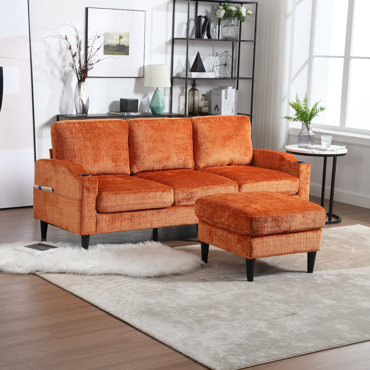 Modern L-Shaped Free-Combined Modular Sofa Couch With Storage Ottoman,Pillows,Cup Holders,Side Pockets, 3 Seat