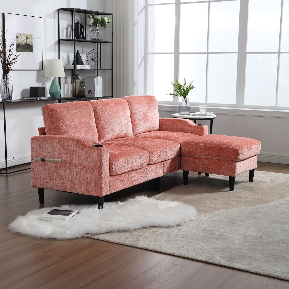 Modern L-Shaped Free-Combined Modular Sofa Couch With Storage Ottoman,Pillows,Cup Holders,Side Pockets, 3 Seat