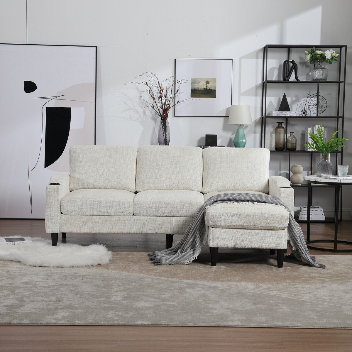 Modern L-Shaped Free-Combined Modular Sofa Couch With Storage Ottoman,Pillows,Cup Holders,Side Pockets, 3 Seat