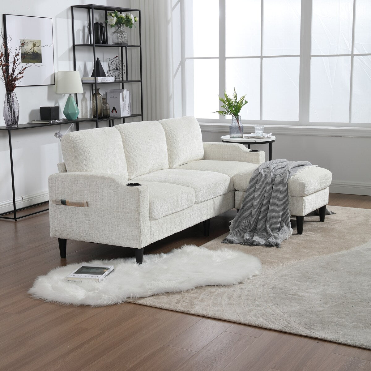 Modern L-Shaped Free-Combined Modular Sofa Couch With Storage Ottoman,Pillows,Cup Holders,Side Pockets, 3 Seat
