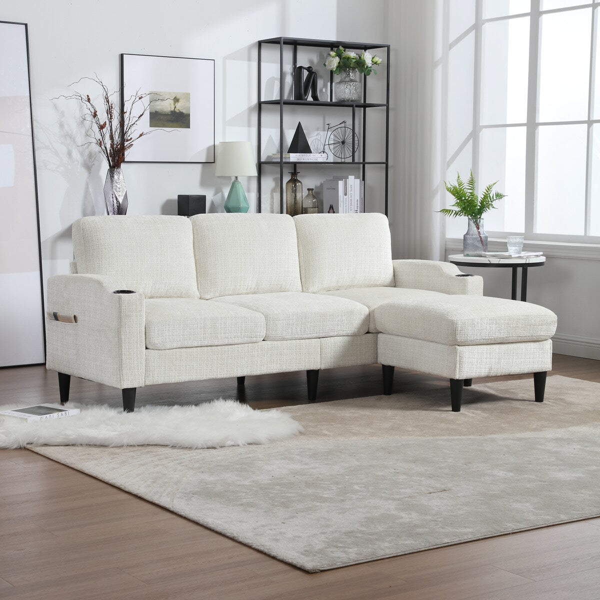 Modern L-Shaped Free-Combined Modular Sofa Couch With Storage Ottoman,Pillows,Cup Holders,Side Pockets, 3 Seat