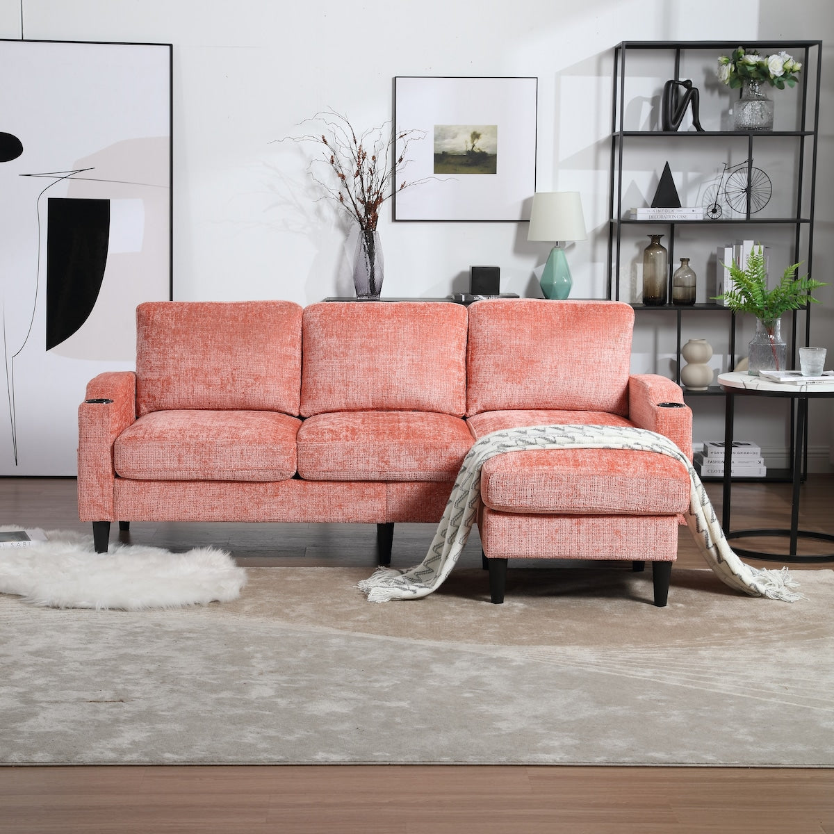 Modern L-Shaped Free-Combined Modular Sofa Couch With Storage Ottoman,Pillows,Cup Holders,Side Pockets, 3 Seat