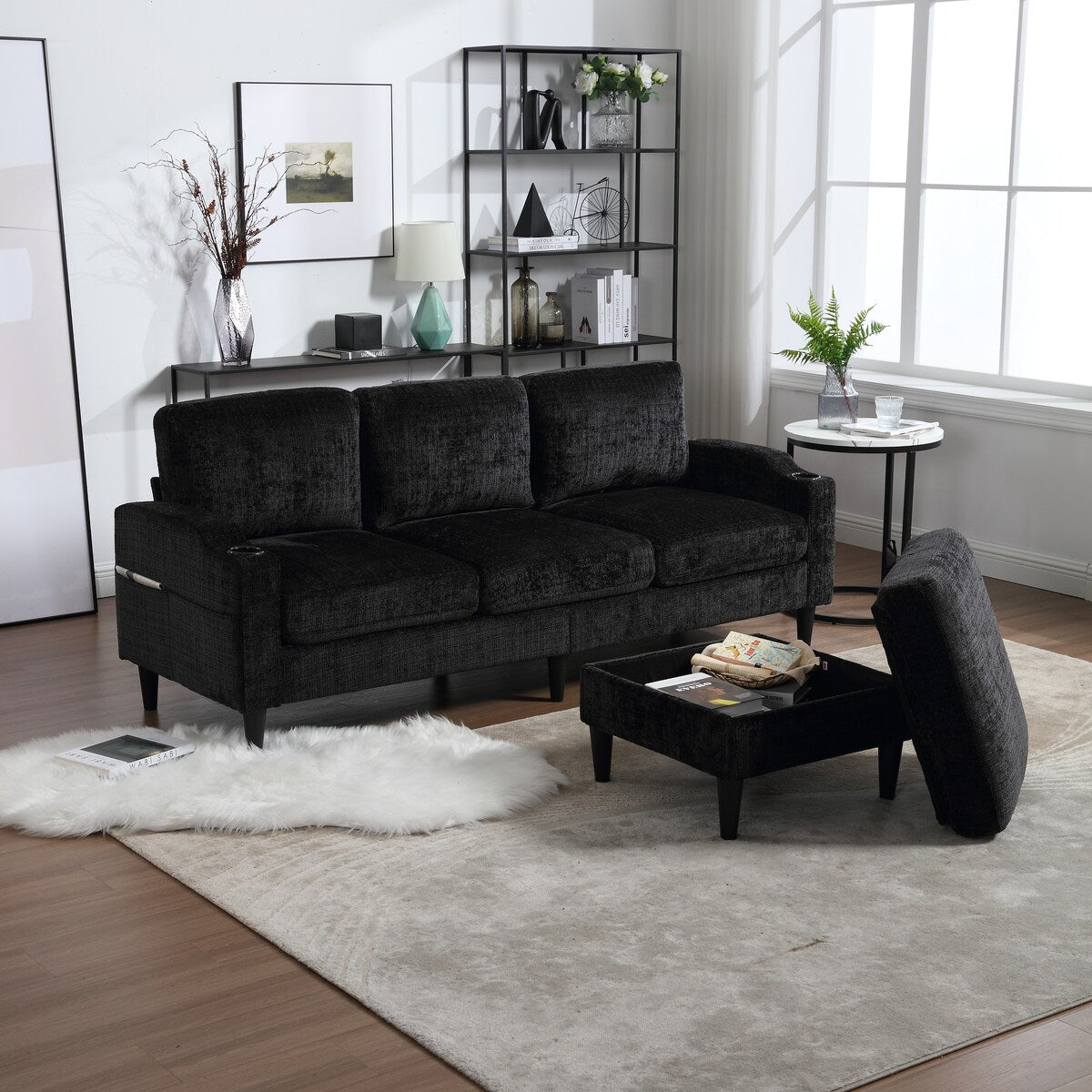 Modern L-Shaped Free-Combined Modular Sofa Couch With Storage Ottoman,Pillows,Cup Holders,Side Pockets, 3 Seat