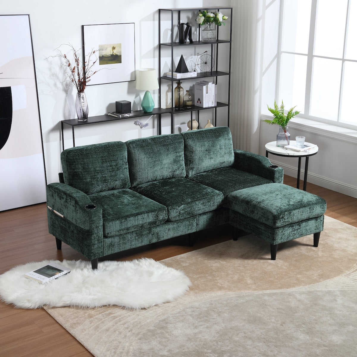 Modern L-Shaped Free-Combined Modular Sofa Couch With Storage Ottoman,Pillows,Cup Holders,Side Pockets, 3 Seat