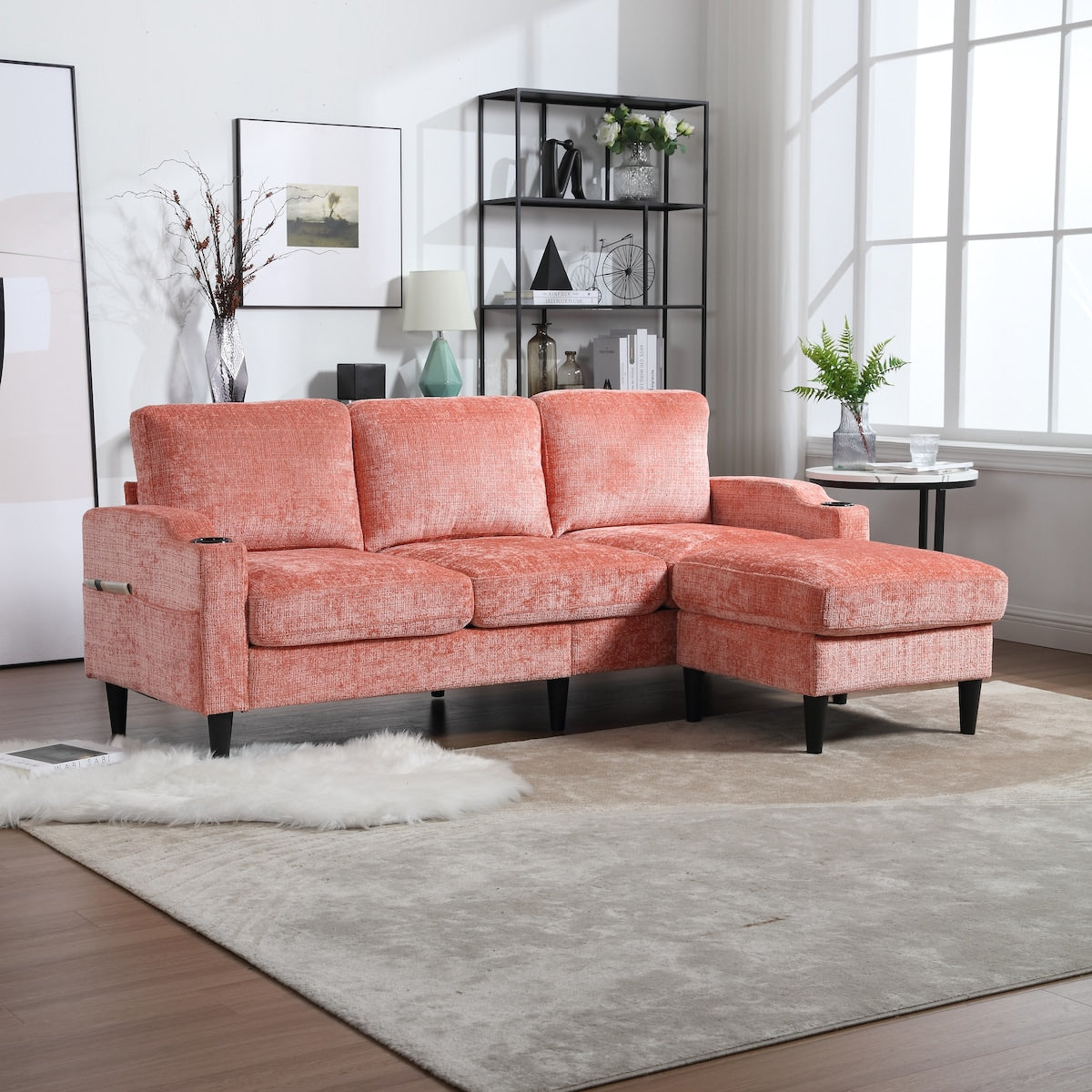 Modern L-Shaped Free-Combined Modular Sofa Couch With Storage Ottoman,Pillows,Cup Holders,Side Pockets, 3 Seat