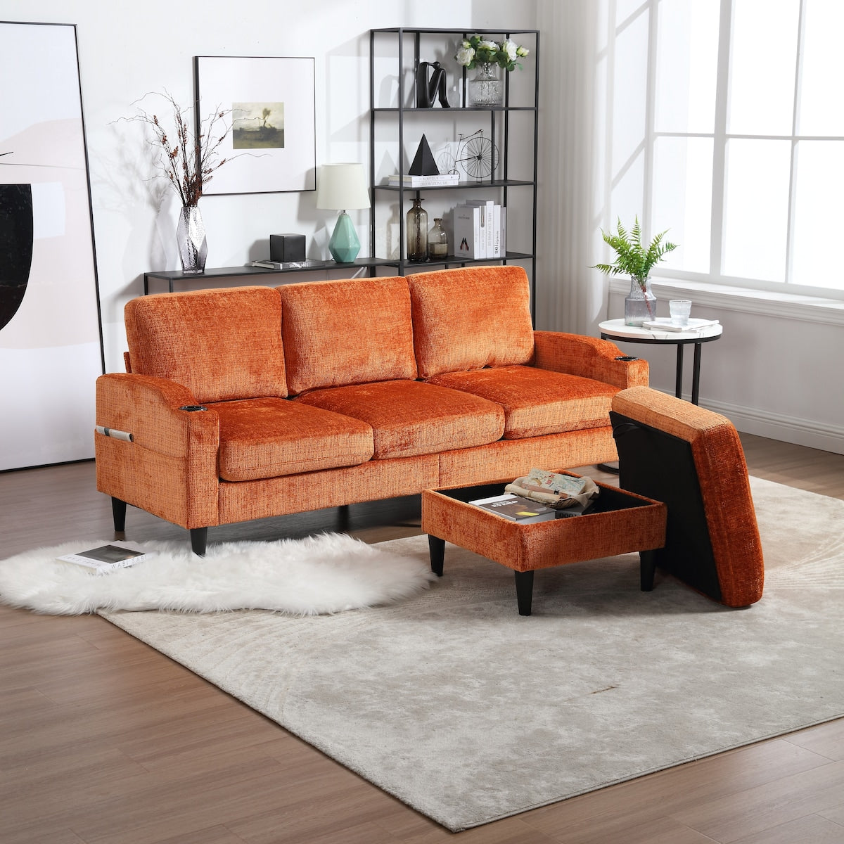 Modern L-Shaped Free-Combined Modular Sofa Couch With Storage Ottoman,Pillows,Cup Holders,Side Pockets, 3 Seat