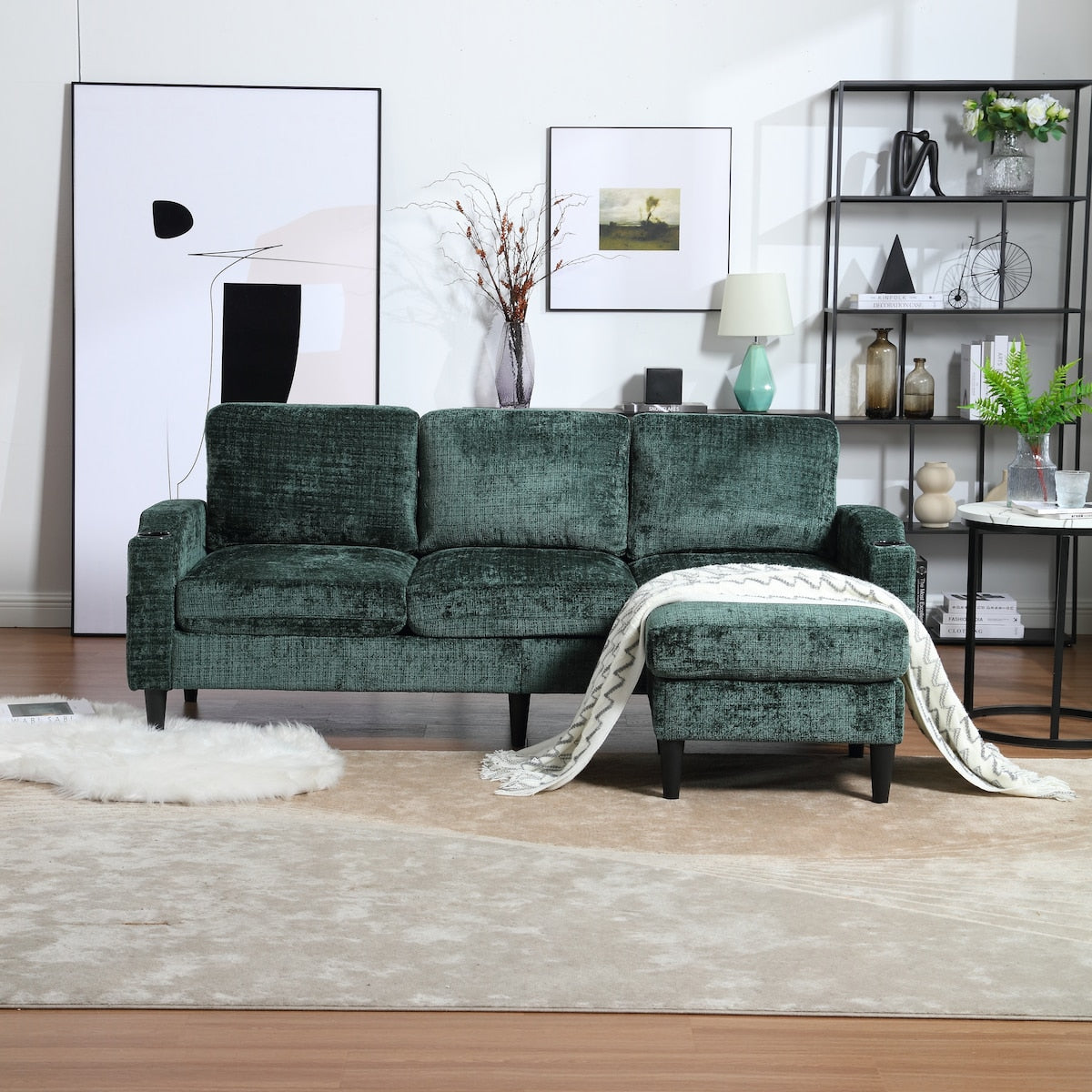 Modern L-Shaped Free-Combined Modular Sofa Couch With Storage Ottoman,Pillows,Cup Holders,Side Pockets, 3 Seat