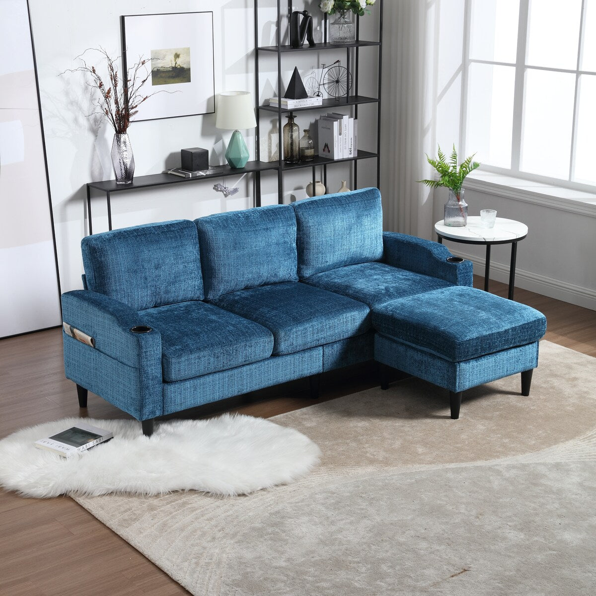 Modern L-Shaped Free-Combined Modular Sofa Couch With Storage Ottoman,Pillows,Cup Holders,Side Pockets, 3 Seat