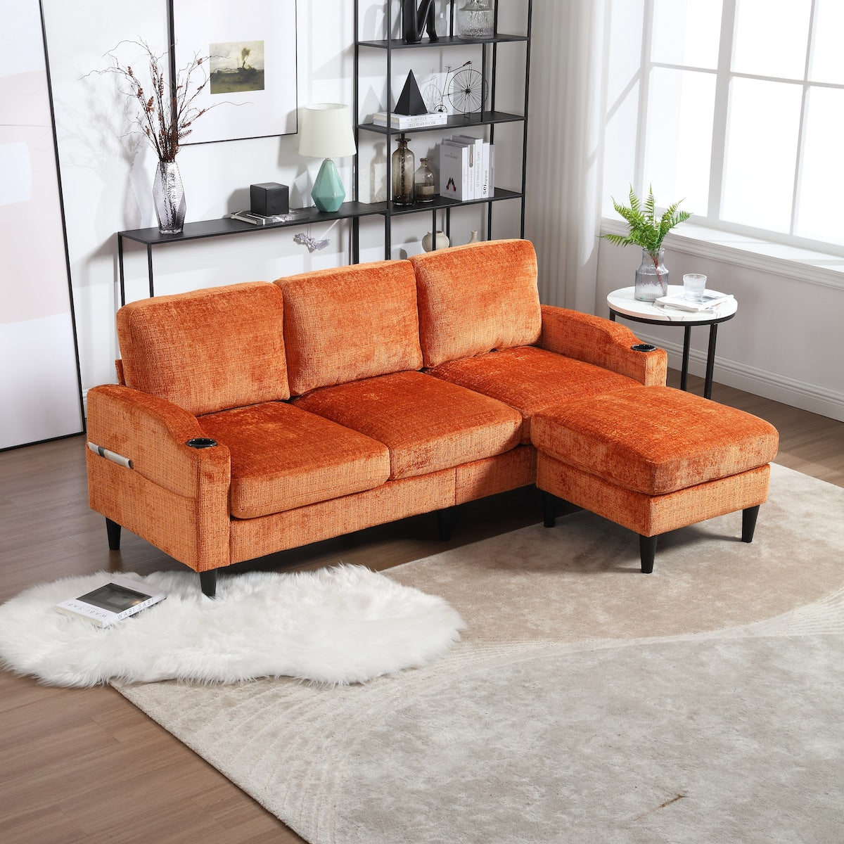 Modern L-Shaped Free-Combined Modular Sofa Couch With Storage Ottoman,Pillows,Cup Holders,Side Pockets, 3 Seat