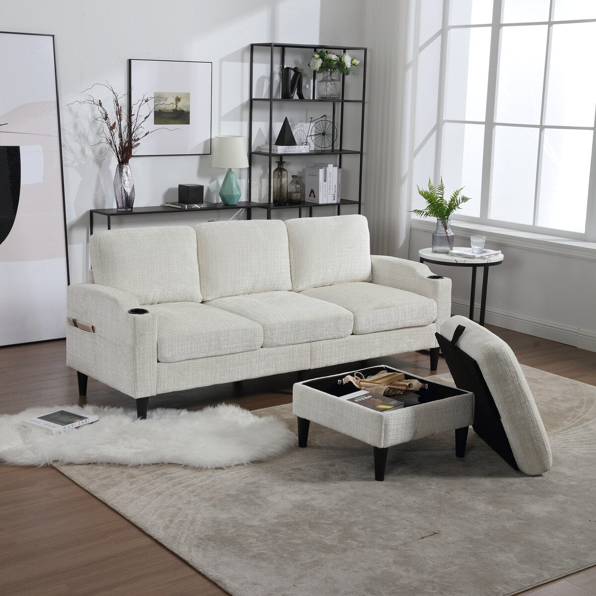Modern L-Shaped Free-Combined Modular Sofa Couch With Storage Ottoman,Pillows,Cup Holders,Side Pockets, 3 Seat