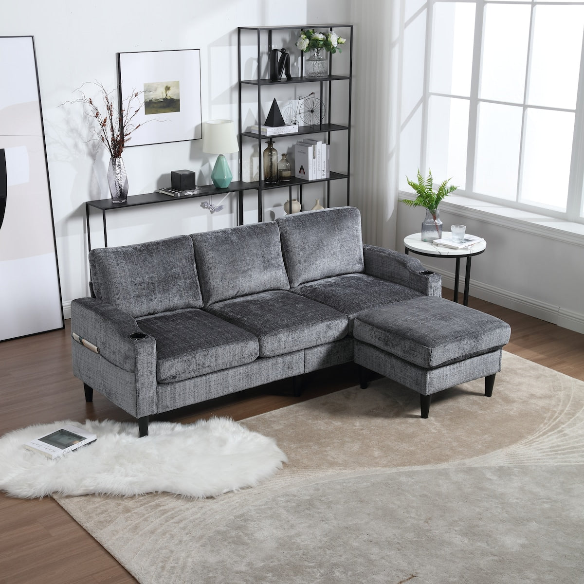 Modern L-Shaped Free-Combined Modular Sofa Couch With Storage Ottoman,Pillows,Cup Holders,Side Pockets, 3 Seat