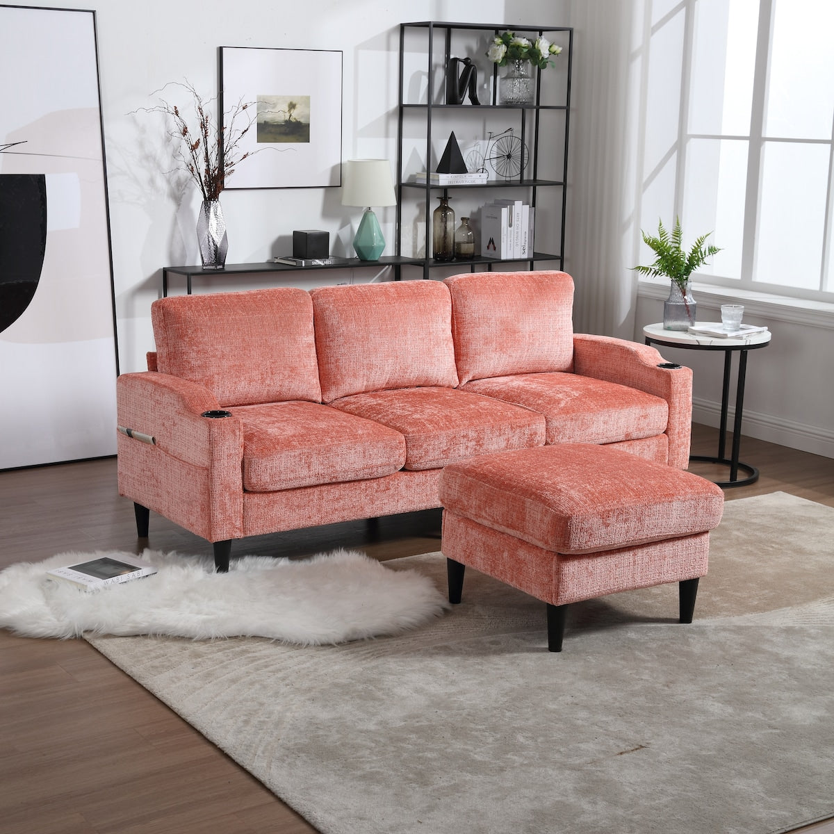 Modern L-Shaped Free-Combined Modular Sofa Couch With Storage Ottoman,Pillows,Cup Holders,Side Pockets, 3 Seat