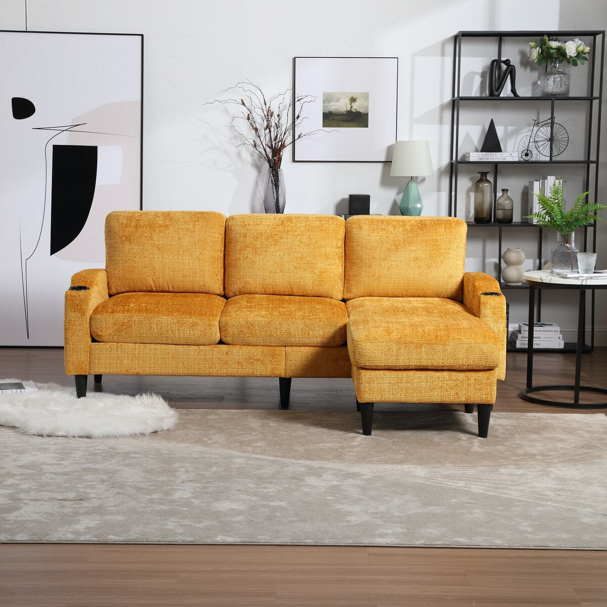 Modern L-Shaped Free-Combined Modular Sofa Couch With Storage Ottoman,Pillows,Cup Holders,Side Pockets, 3 Seat