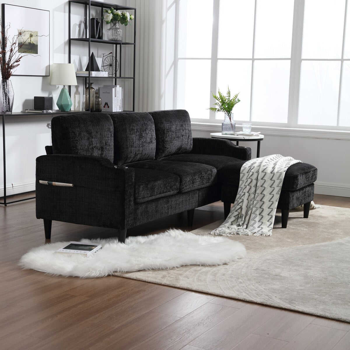 Modern L-Shaped Free-Combined Modular Sofa Couch With Storage Ottoman,Pillows,Cup Holders,Side Pockets, 3 Seat