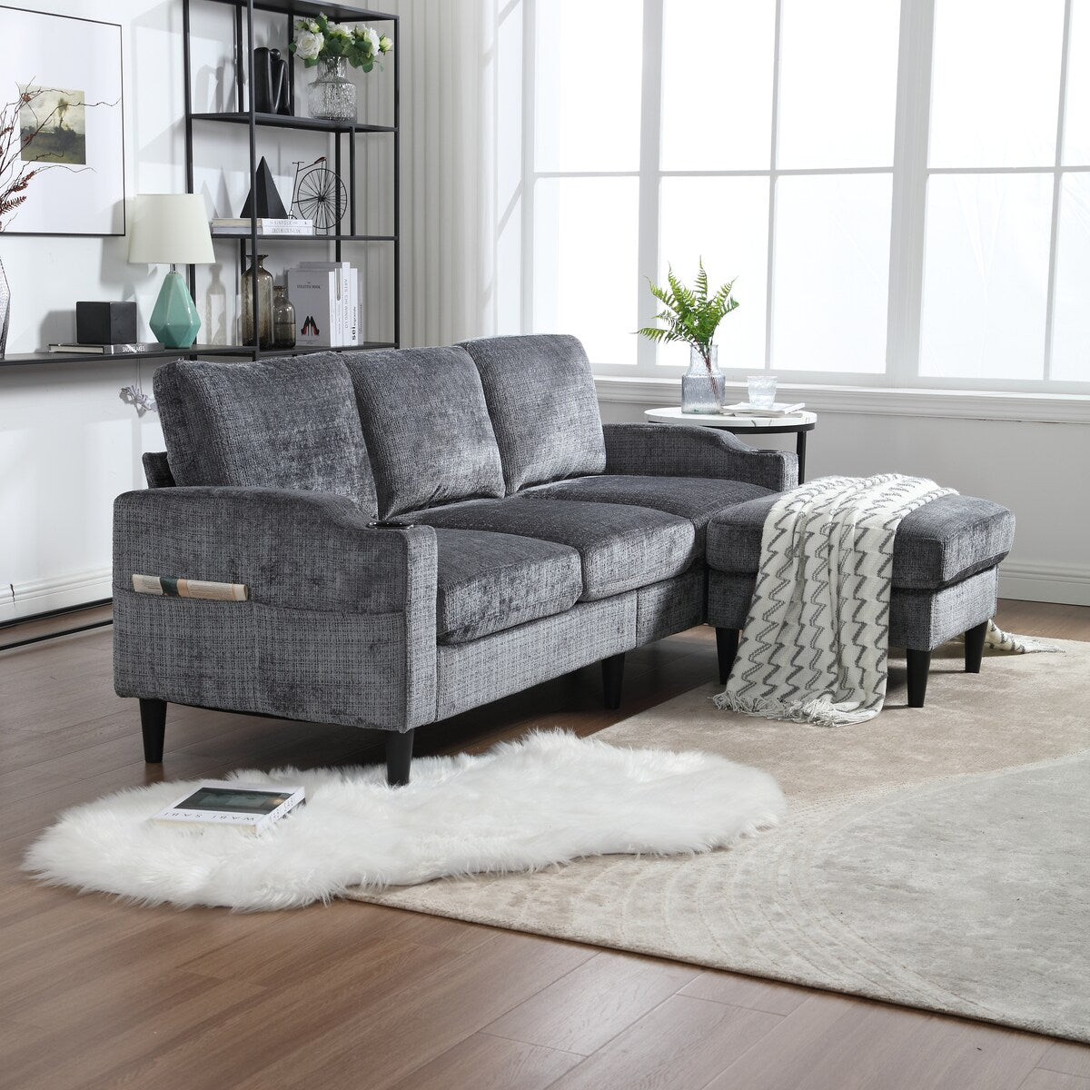 Modern L-Shaped Free-Combined Modular Sofa Couch With Storage Ottoman,Pillows,Cup Holders,Side Pockets, 3 Seat