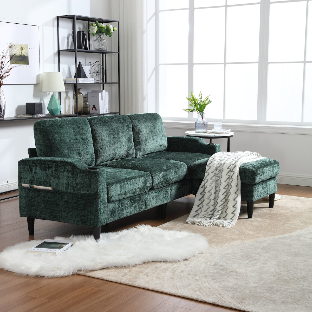 Modern L-Shaped Free-Combined Modular Sofa Couch With Storage Ottoman,Pillows,Cup Holders,Side Pockets, 3 Seat