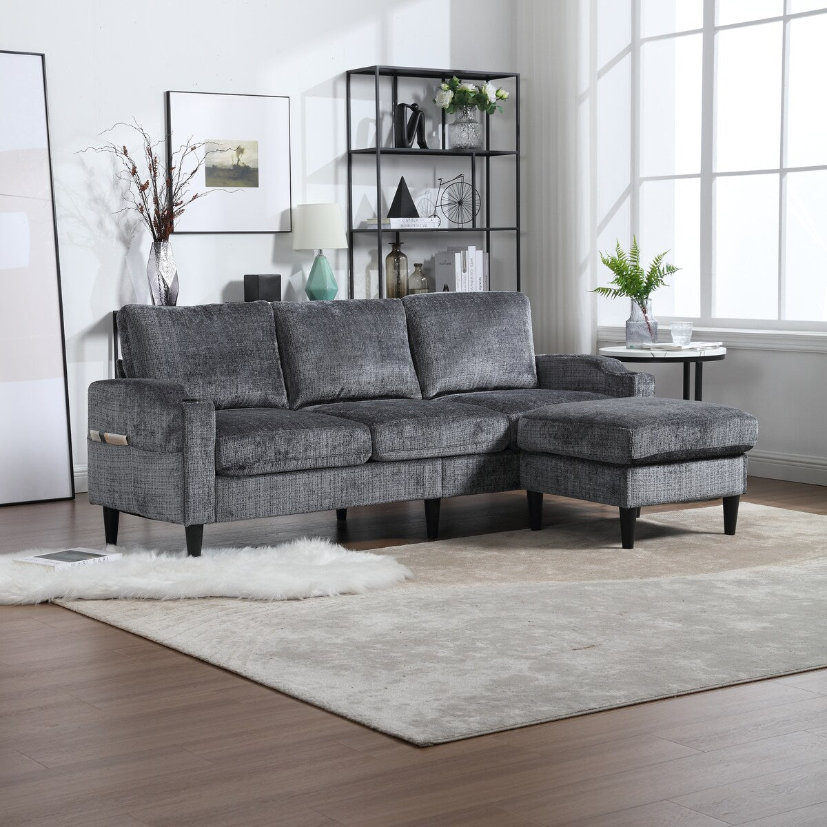 Modern L-Shaped Free-Combined Modular Sofa Couch With Storage Ottoman,Pillows,Cup Holders,Side Pockets, 3 Seat