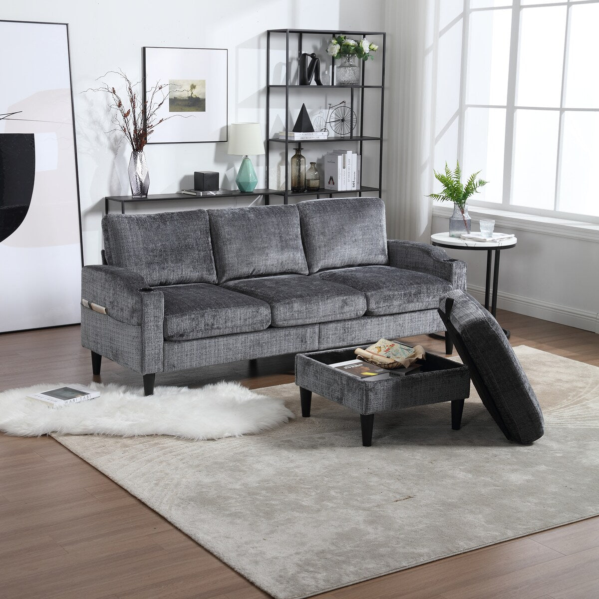 Modern L-Shaped Free-Combined Modular Sofa Couch With Storage Ottoman,Pillows,Cup Holders,Side Pockets, 3 Seat