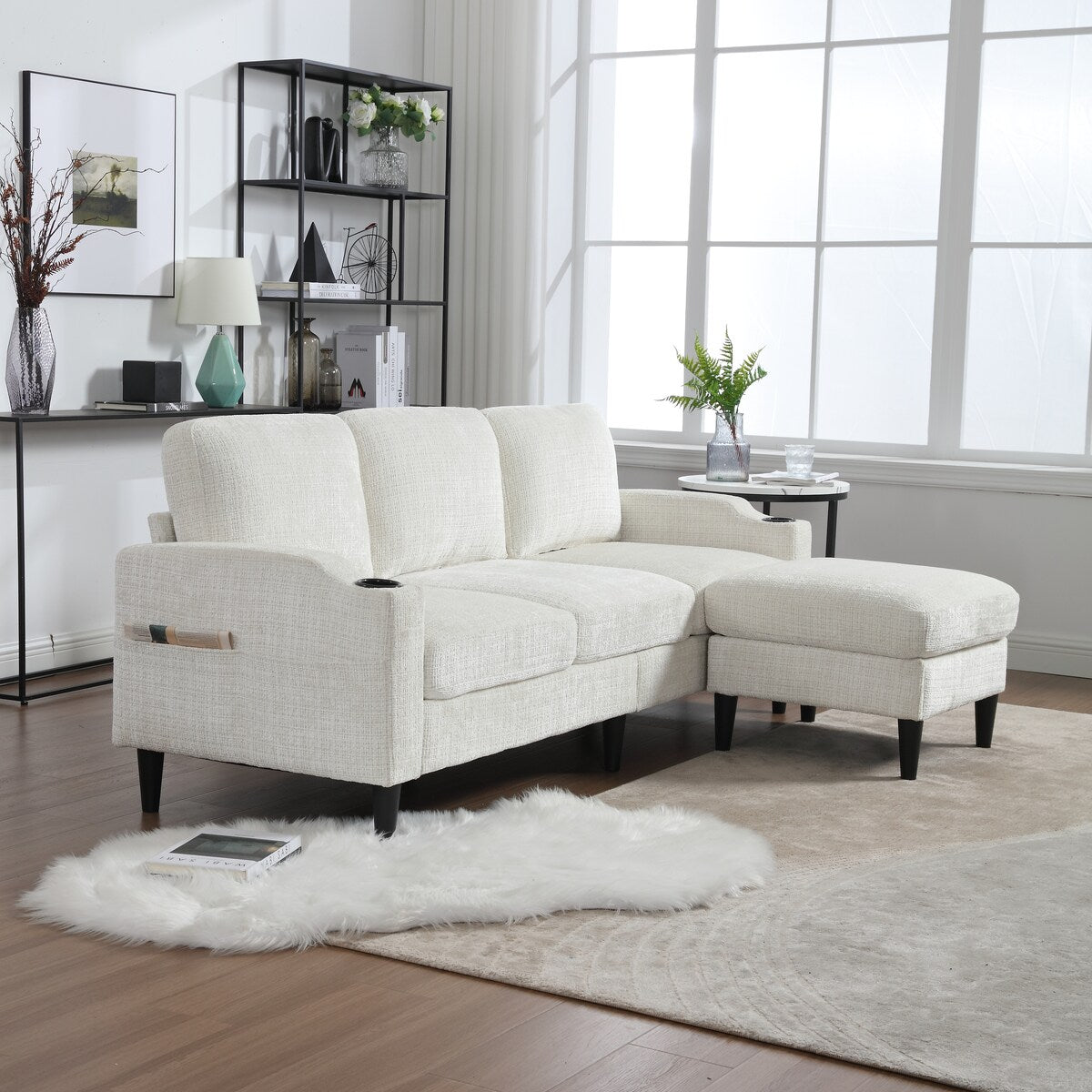 Modern L-Shaped Free-Combined Modular Sofa Couch With Storage Ottoman,Pillows,Cup Holders,Side Pockets, 3 Seat