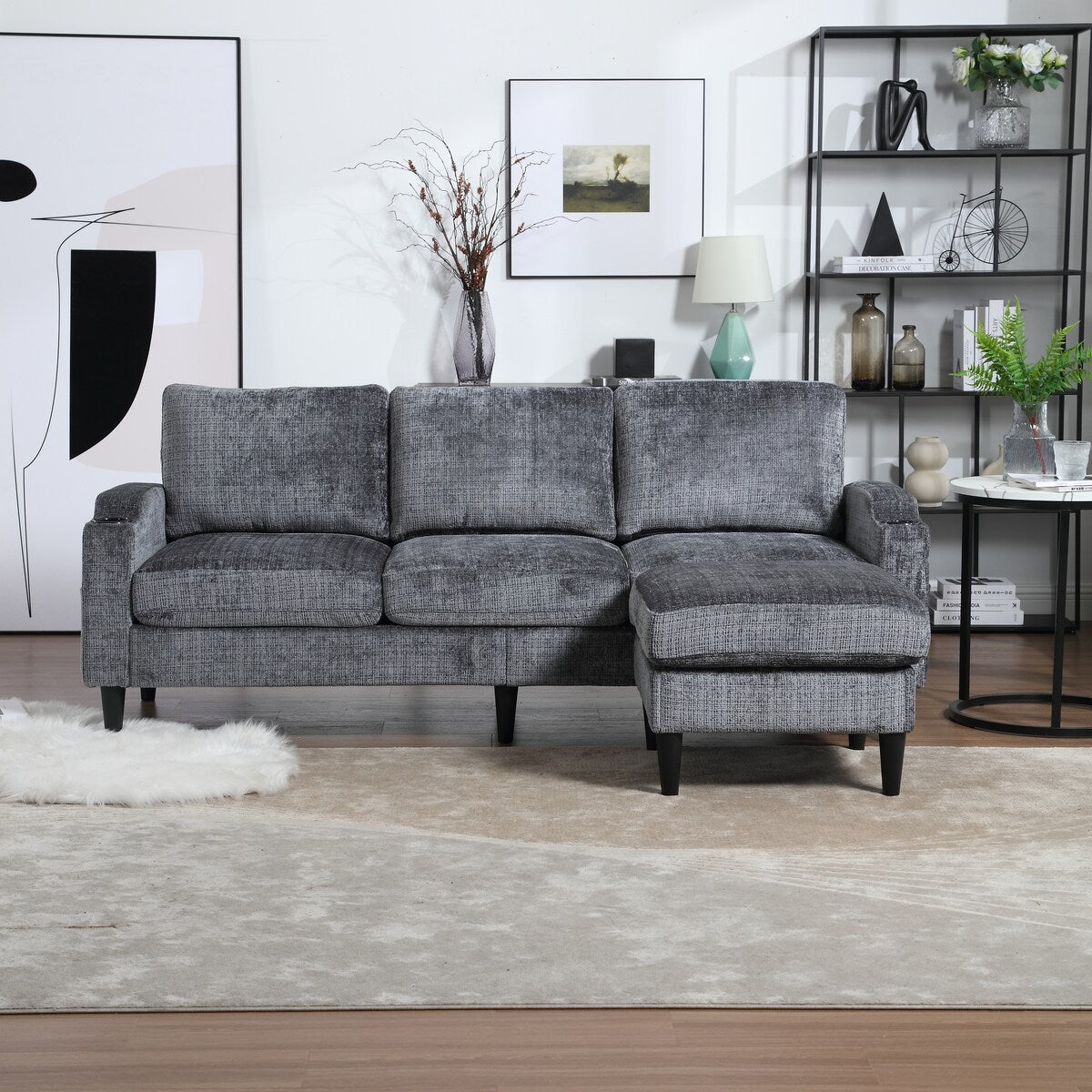 Modern L-Shaped Free-Combined Modular Sofa Couch With Storage Ottoman,Pillows,Cup Holders,Side Pockets, 3 Seat