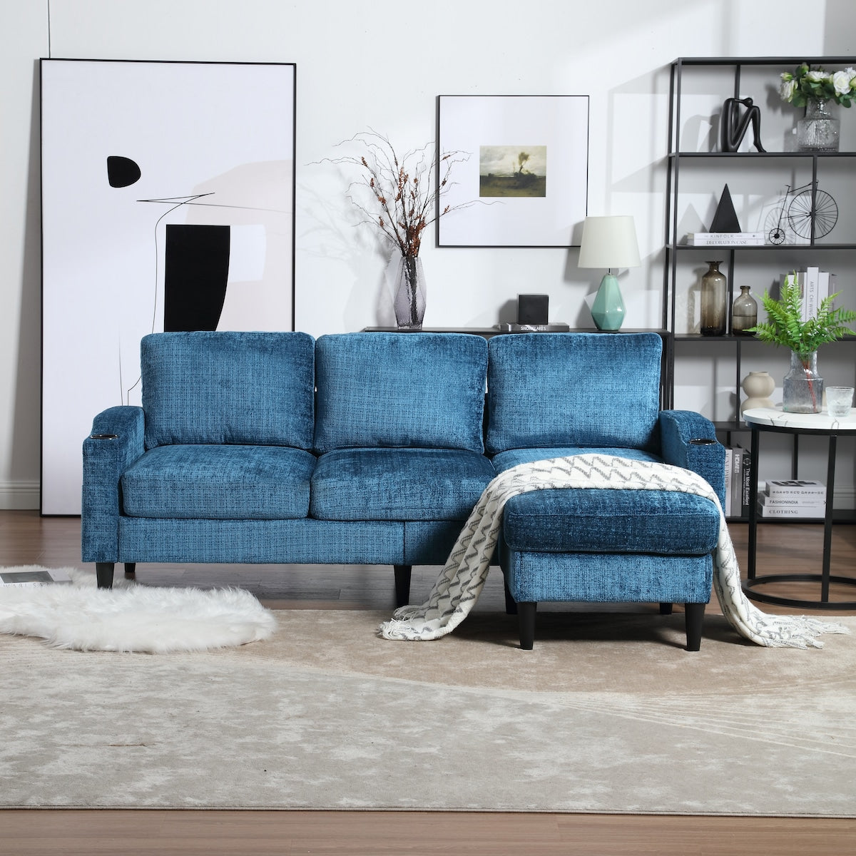 Modern L-Shaped Free-Combined Modular Sofa Couch With Storage Ottoman,Pillows,Cup Holders,Side Pockets, 3 Seat