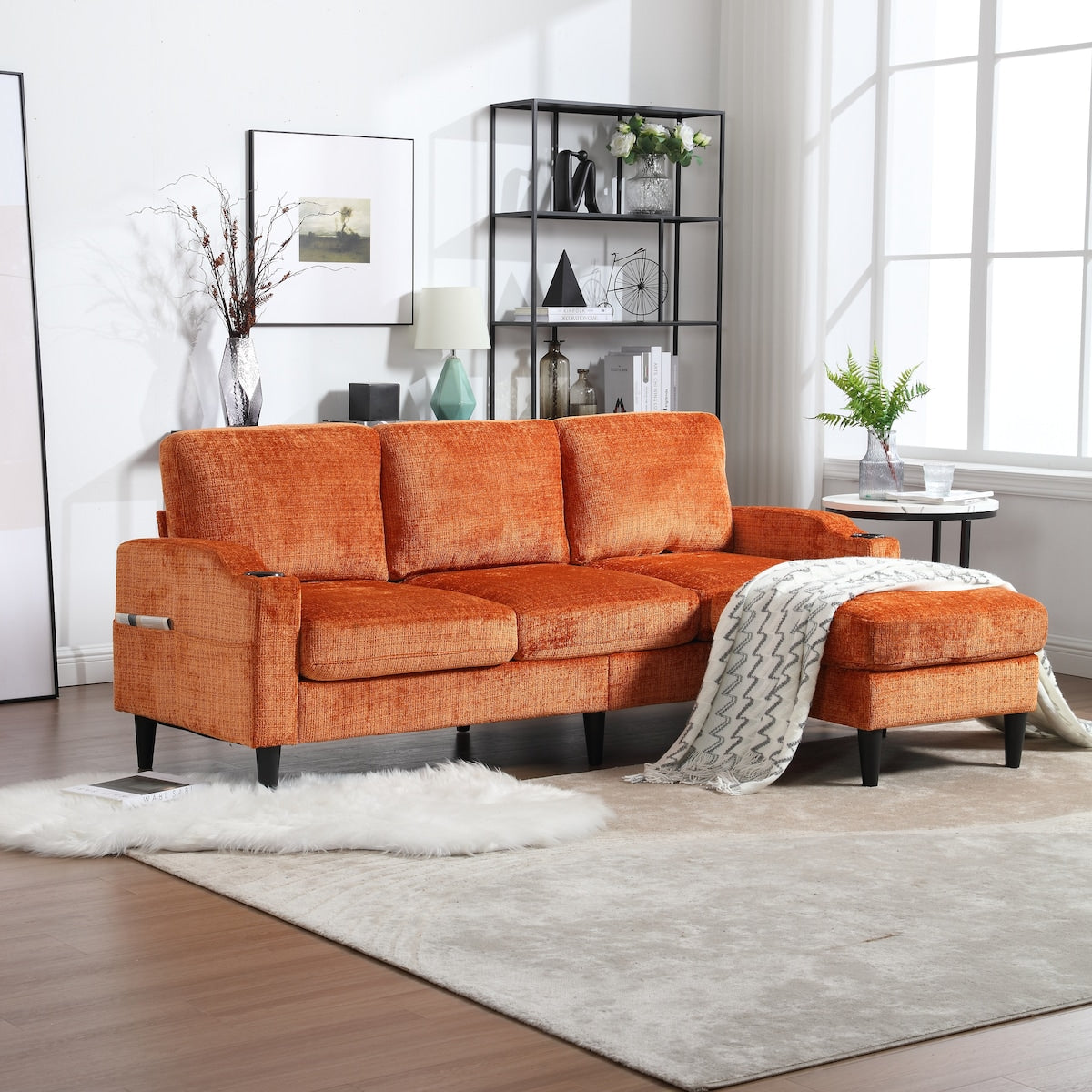 Modern L-Shaped Free-Combined Modular Sofa Couch With Storage Ottoman,Pillows,Cup Holders,Side Pockets, 3 Seat
