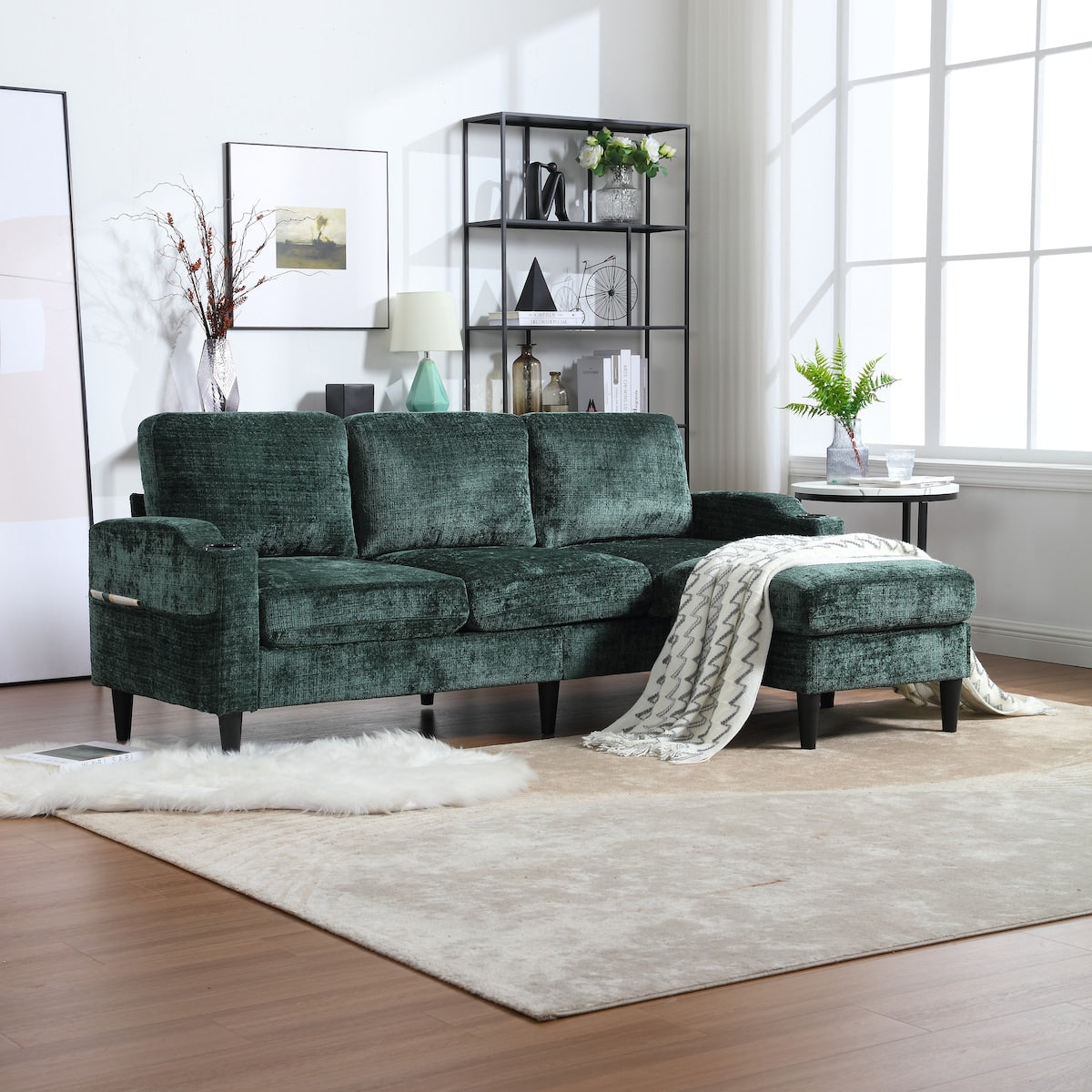 Modern L-Shaped Free-Combined Modular Sofa Couch With Storage Ottoman,Pillows,Cup Holders,Side Pockets, 3 Seat