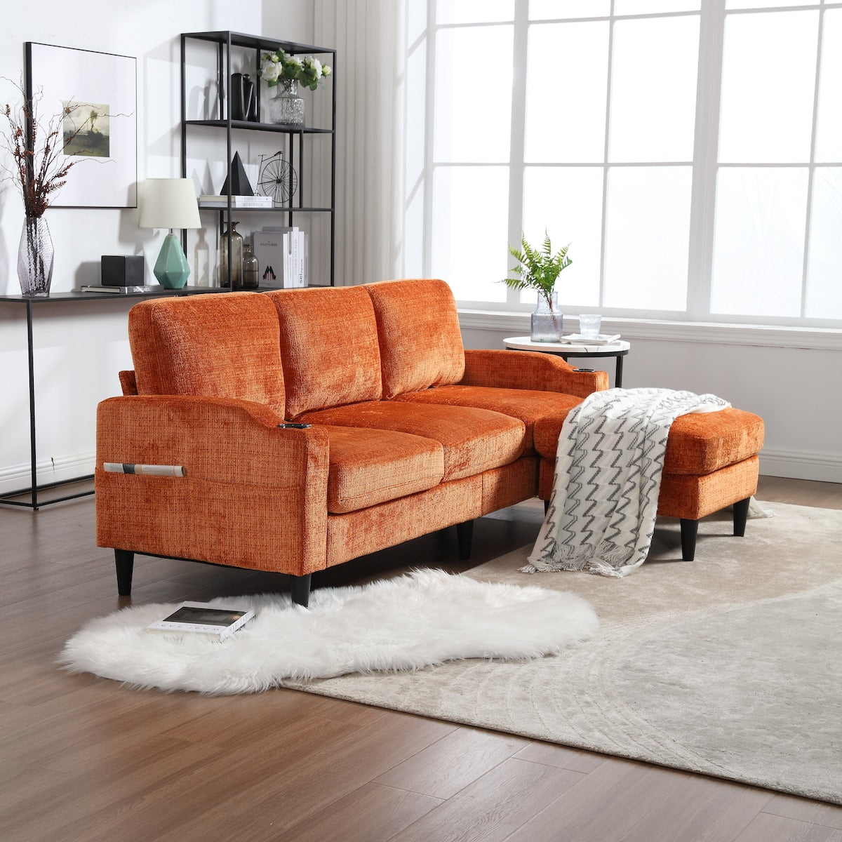 Modern L-Shaped Free-Combined Modular Sofa Couch With Storage Ottoman,Pillows,Cup Holders,Side Pockets, 3 Seat