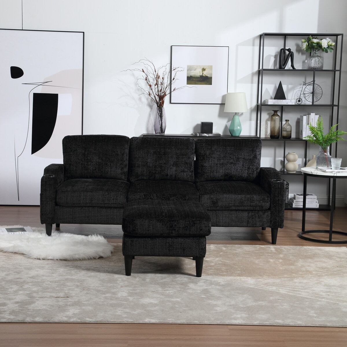 Modern L-Shaped Free-Combined Modular Sofa Couch With Storage Ottoman,Pillows,Cup Holders,Side Pockets, 3 Seat