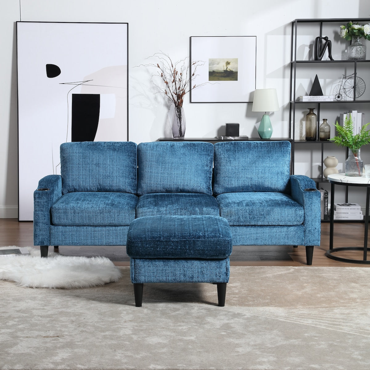 Modern L-Shaped Free-Combined Modular Sofa Couch With Storage Ottoman,Pillows,Cup Holders,Side Pockets, 3 Seat